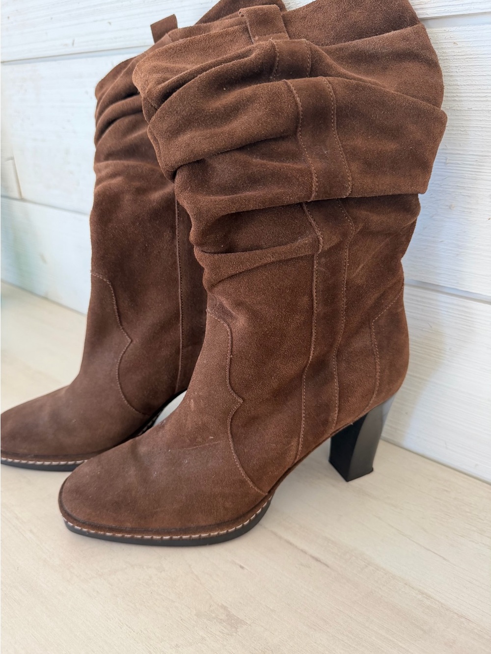 Via Spiga Russo Brown Suede Slouchy Block Heel Mid Calf Boots Womens 7.5